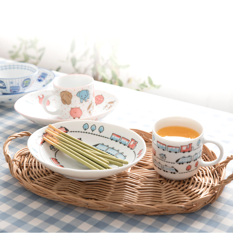 Japanese imported cartoon car Mino ware underglaze painted children's plate, mug, rice bowl, soup bowl, breakfast cup Japanese imported cartoon car Mino ware underglaze painted children's plate, mug, rice bowl, soup bowl, breakfast cup