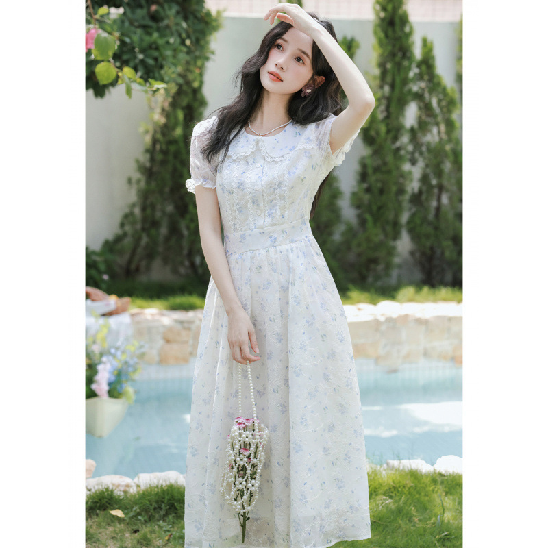 2025夏季新款法式甜美娃娃领提花刺绣碎花文艺减龄短袖连衣裙女|undefined