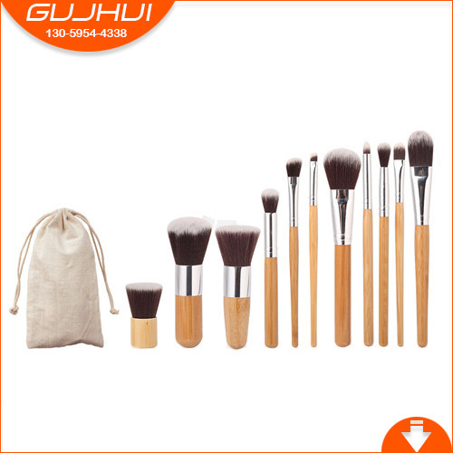 11 brochas de maquillaje con mango de bambú y bolsa de lino, brochas de maquillaje con mango de bambú, transfronterizo, dropshipping, directo de fábrica
