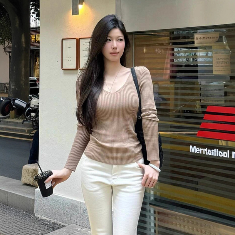 韩系温柔风v领针织衫女秋季针织打底长袖修身显瘦纯欲内搭上衣|undefined