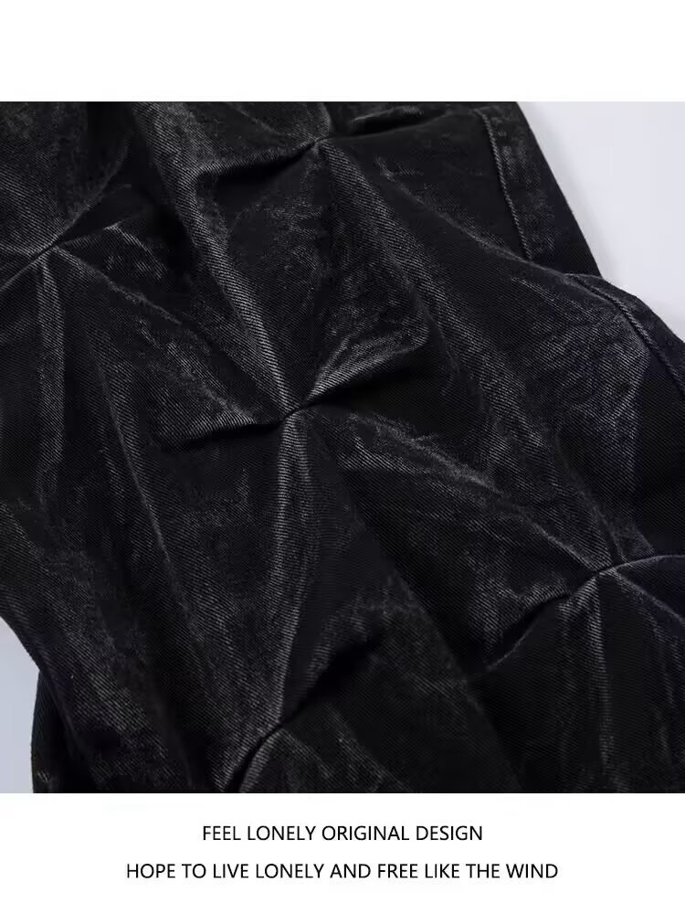 Jeans uomo nero stile retrò con pieghe gamba larga oversize_voghion.com