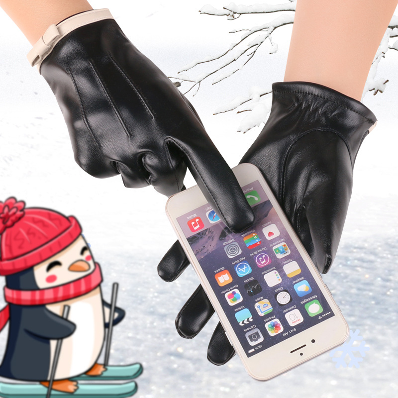 Nuevo Otoño e Invierno guantes de cuero para mujer cálido forro polar cálido arco de moda al aire libre guantes de cuero de pantalla táctil a prueba de frío