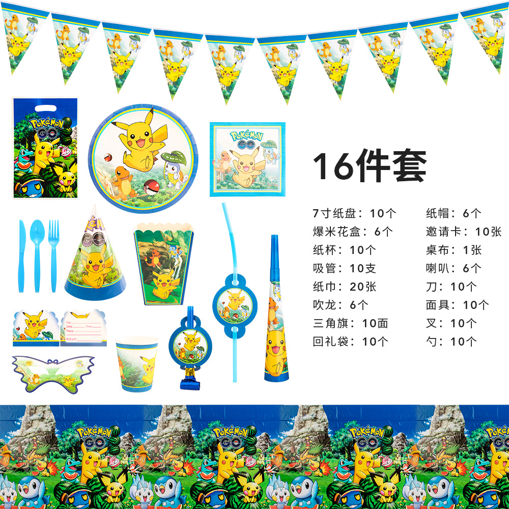 Dibujos animados Pikachu traje fiesta de cumpleaños para niños Festival Pikachu triángulo bandera Placa de papel decoración del partido