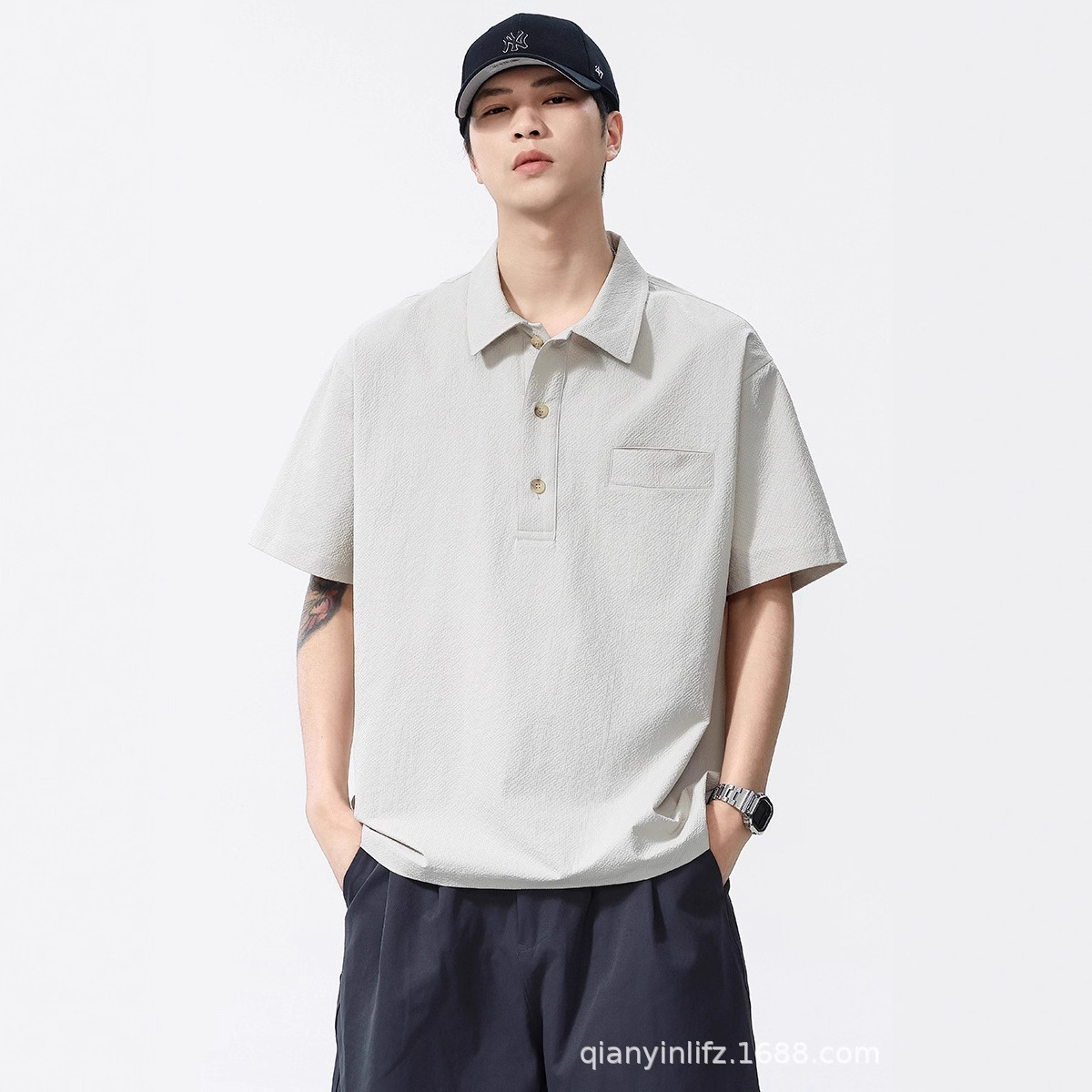 Customized Men's Summer Trendy Brand Thin Outdoor Short-Sleeve Jacquard Plaid Loose Cool Breathable Polo Shirt