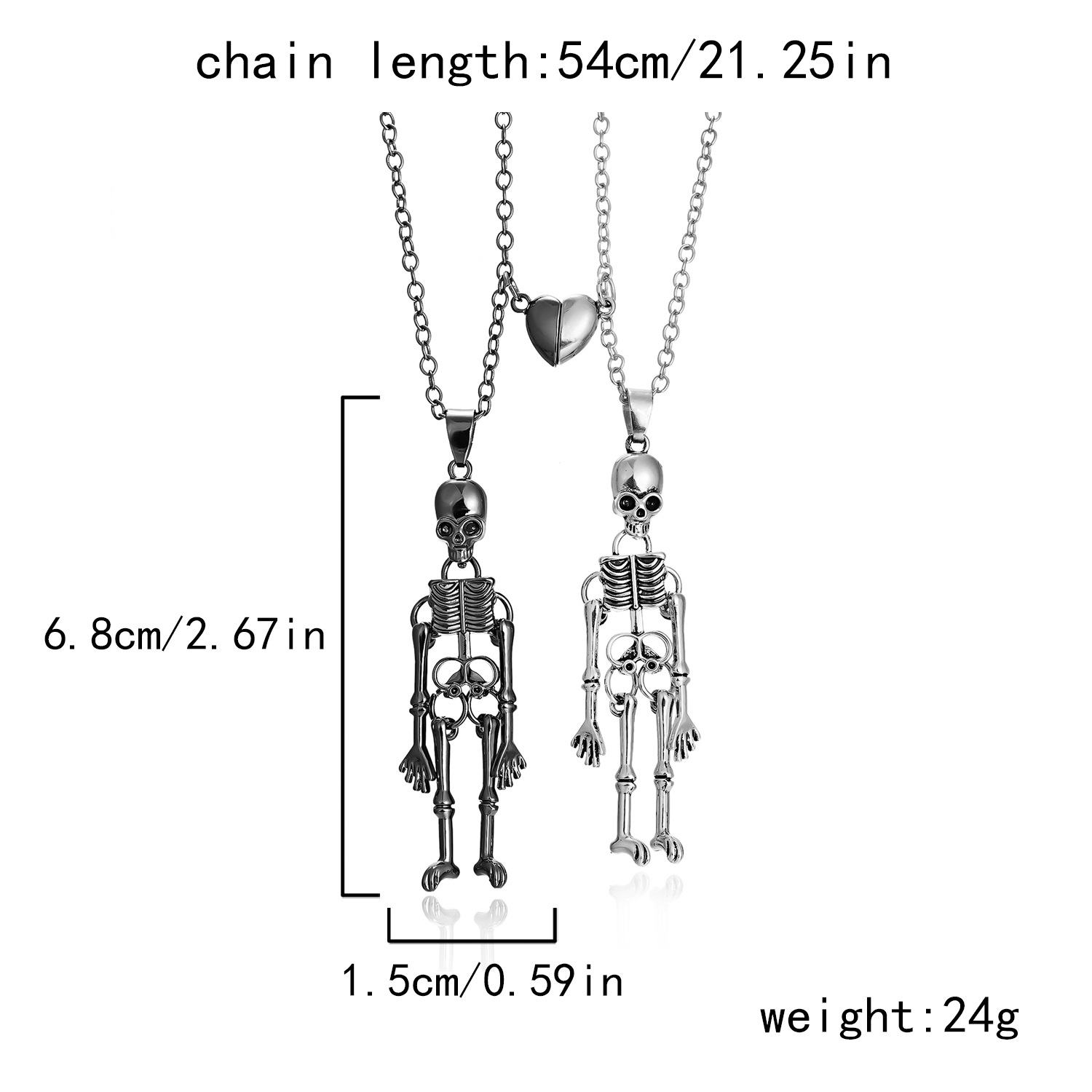 Collana con ciondolo di coppia in stile dark per Halloween, con teschio umano e fantasma che tiene la mano_voghion.com