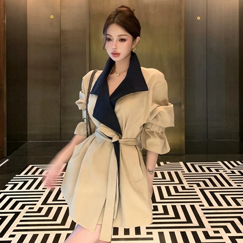原版做法新款女装小个子复古风衣外套女气质撞色收腰翻领系带大衣