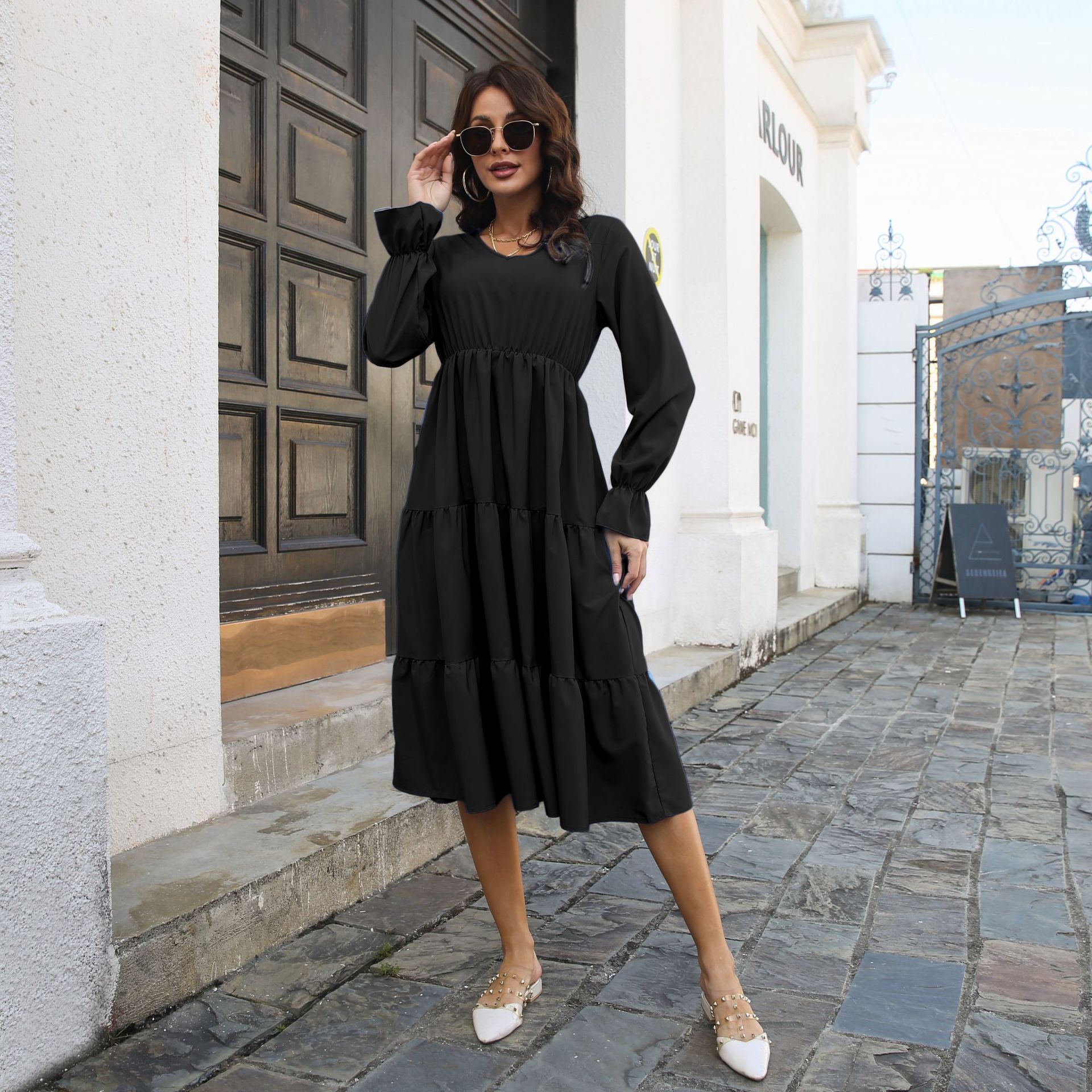 V neck Dress Flared Sleeves Long Sleeves Large Swing Dress Women Chiffon Summer Women Clothing