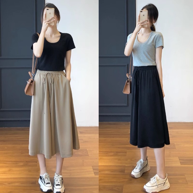 Black Ice Silk Cropped Wide-Leg Pants Women's Summer Thin Loose Dosing Pear-Shaped High Waist Straight Casual Culottes
