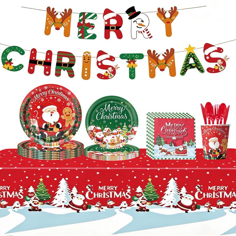 Cross-border Christmas-themed holiday party disposable paper plates, paper cups, Santa Claus decorations, tablecloth, banner, balloons Cross-border Christmas-themed holiday party disposable paper plates, paper cups, Santa Claus decorations, tablecloth, banner, balloons