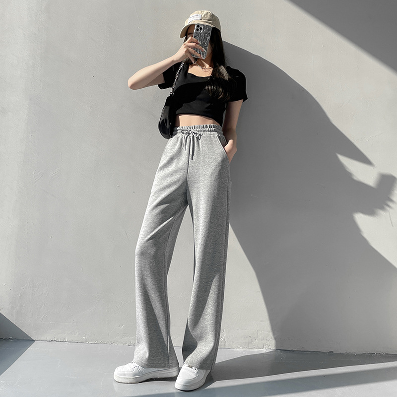 Spring and Summer Sports Pants for Women, Loose, Gray Wide-Leg Straight Slim Casual Pants for Small People
