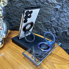 電鍍無邊框磁吸支架殼適用三星S24Ultra手機殼自帶鏡頭膜保護套PC