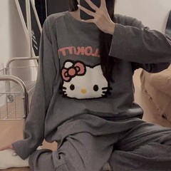 可爱KT猫德绒睡衣女2025秋冬新款圆领长袖卡通甜美刺绣家居服套装