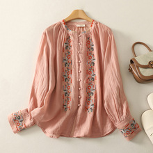 原创复古民族风绣花长袖苎麻衬衫灯笼袖森女刺绣棉麻上衣女春装