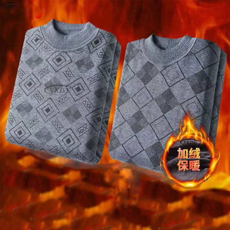 Зимний утолщенный мужской термотоп с высоким воротником на флисовой подкладке для мужчин среднего и пожилого возраста, термобелье базового слоя.