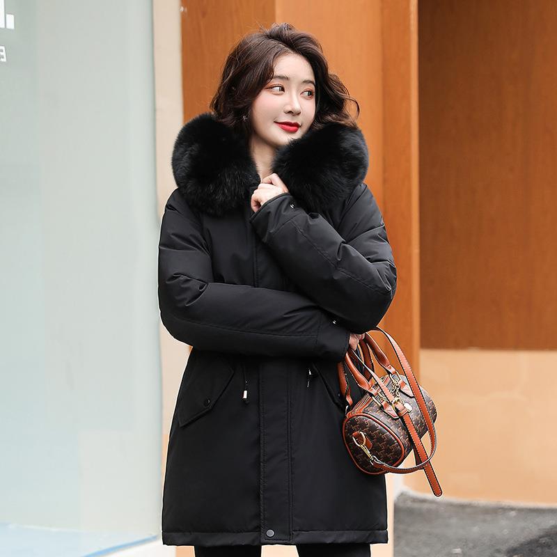 Fábrica parka de las mujeres de mediados de longitud 2023 invierno nuevo estilo coreano suelta gran cuello de piel de moda engrosada abrigo de algodón acolchado image 11