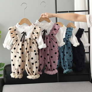 Baby's Western Style Autumn Polka Dot Suspender Pants Set Children's Spring and Autumn Girls' Baby's New Two-piece Set