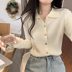 别致polo领纽扣针织羊毛衣外套秋chic法式复古内搭长袖上衣女开衫