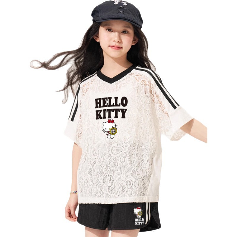 女の子の夏のスポーツスタイルスーツ 2025 新しいトップスとショーツカジュアル漫画中型と大型子供服 2 点セット|undefined