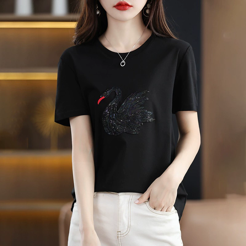 Футболка для женщин с короткими рукавами и круглым вырезом вышивка шелковистый хлопок свободный 2024 новый топ дизайн минус возраст хлопок полрукавов лето