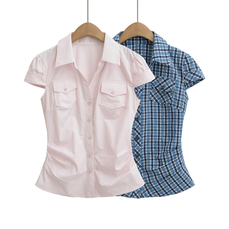 Korean Style Slim-Fit Short-Sleeve Pocket Waist-Cinching Chic Hot Girl Shirt Top for Women Summer Turn-Down Collar Shirt Wholesale