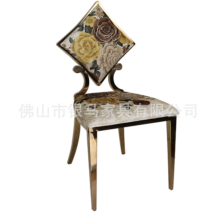 Fábrica al por mayor Hotel banquete boda comedor silla boda galvanoplastia Silla de acero inoxidable Bolsa De Oro suave Silla de comedor de cuero