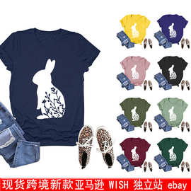 现货新款世纪服饰独立站亚马逊上衣兔子复活节印花T恤短袖女装