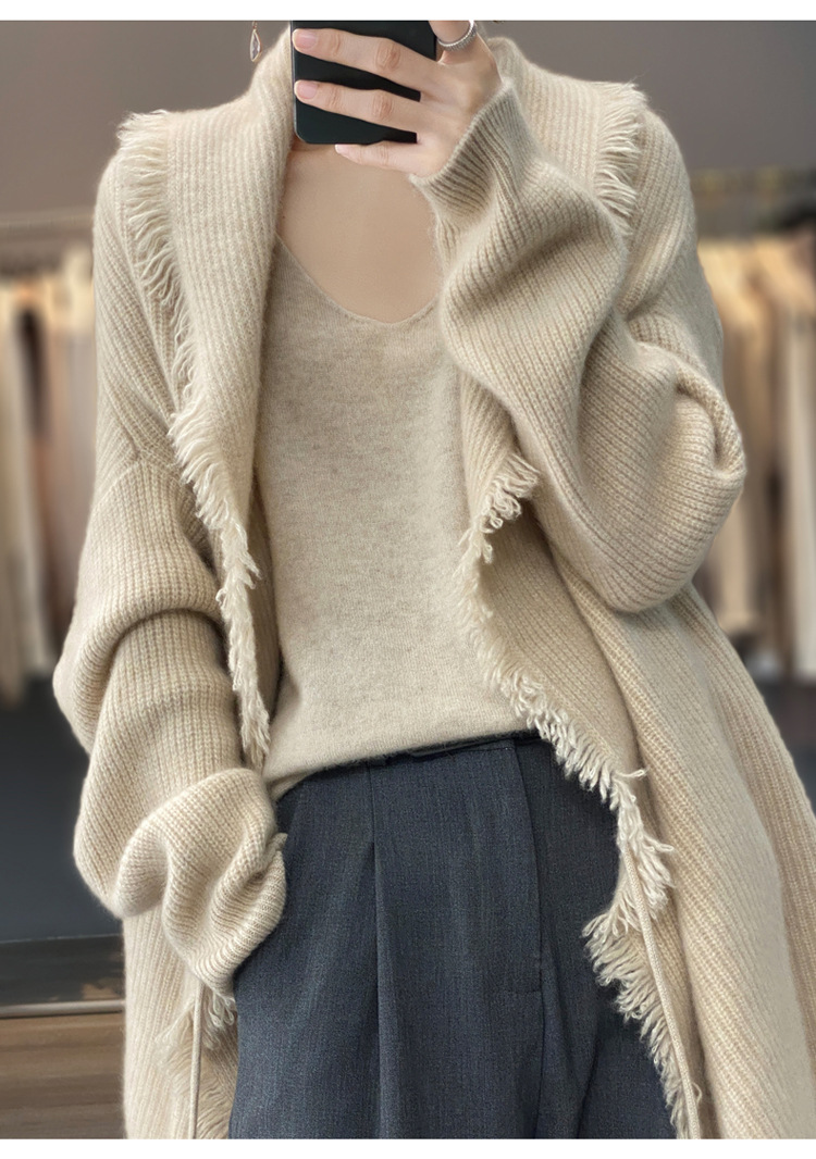 Damenbekleidung Western-Stil mittellange Strickjacke für Damen 2024 Herbst neuer fauler lockerer großer Schalpullovermantel_voghion.com