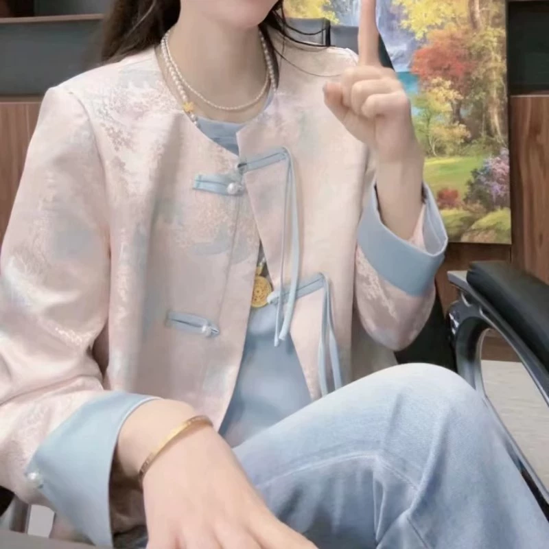 Новый китайский стиль национальный стиль национальный ветер национальный ветер женский женский принт с пряжкой с длинными рукавами куртка женский весенний темперамент сладкий топ