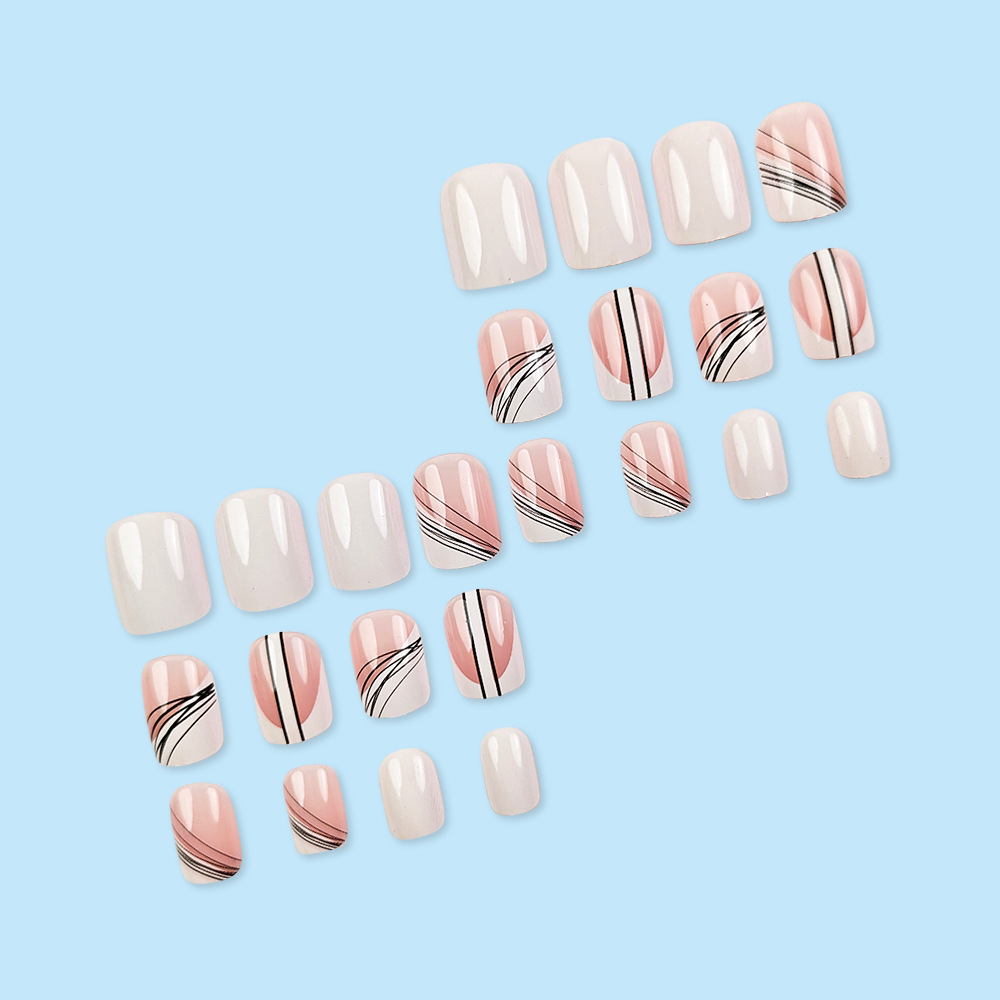 Líneas de color rosa y blanco estilo artístico de manicure, uñas cortas transfronterizas de venta caliente para vestir 24 piezas de parche de uñas empaquetado