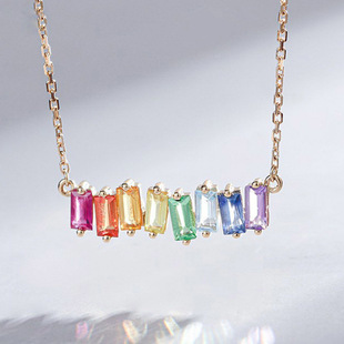 Fresh and Simple Rainbow Pendant 925 Sterling Silver Rainbow Candy Necklace Colorful Red and Blue Gemstone Diamond Pendant for Women