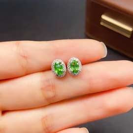 工厂批发爆款天然沙弗莱耳钉S925银镶嵌主石4*6热销欧美一件代发