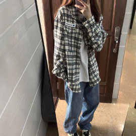 2025春夏美式复古格子衬衫女宽松百搭休闲开衫长袖翻领衬衣外套潮