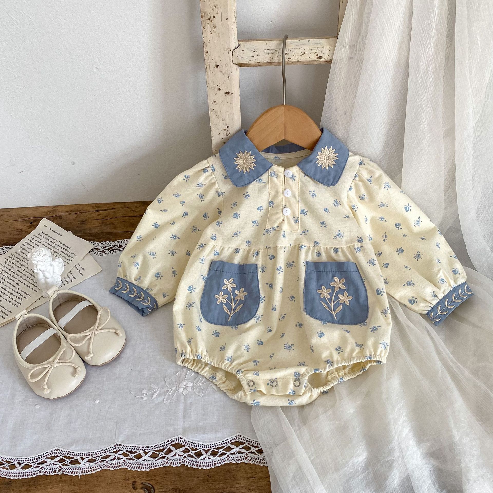 INS 2024 Autumn Infant and Girl Baby Floral Contrast Collar Embroidered Long Sleeves Yi Ha Skirt Bag Butt jumpsuit_voghion.com