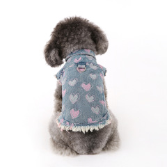 狗狗衣服牛仔无袖马甲做旧爱心刺绣泰迪雪纳瑞马尔济斯带牵引扣