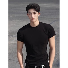 セクシーテンションウェア黒半袖メンズ袖口Tシャツ小さなネックライン夏ハンサム純綿フィットネススリムショルダー