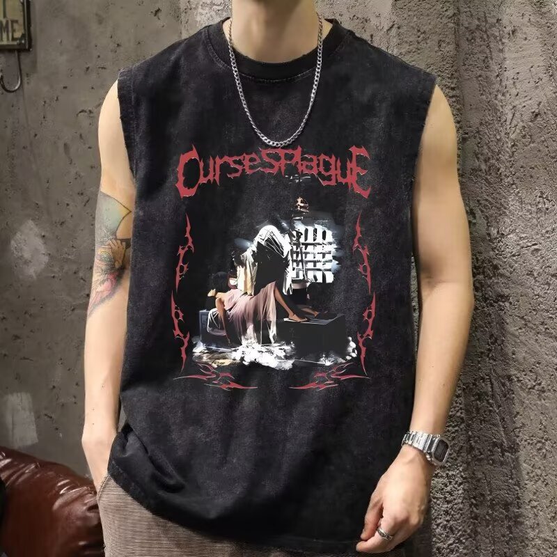 Cross-border Summer Waistcoat Sword Style Legendary Anime Vest Men's Vest Milk Silk Washed Vintage Sleeveless Round Neck Top