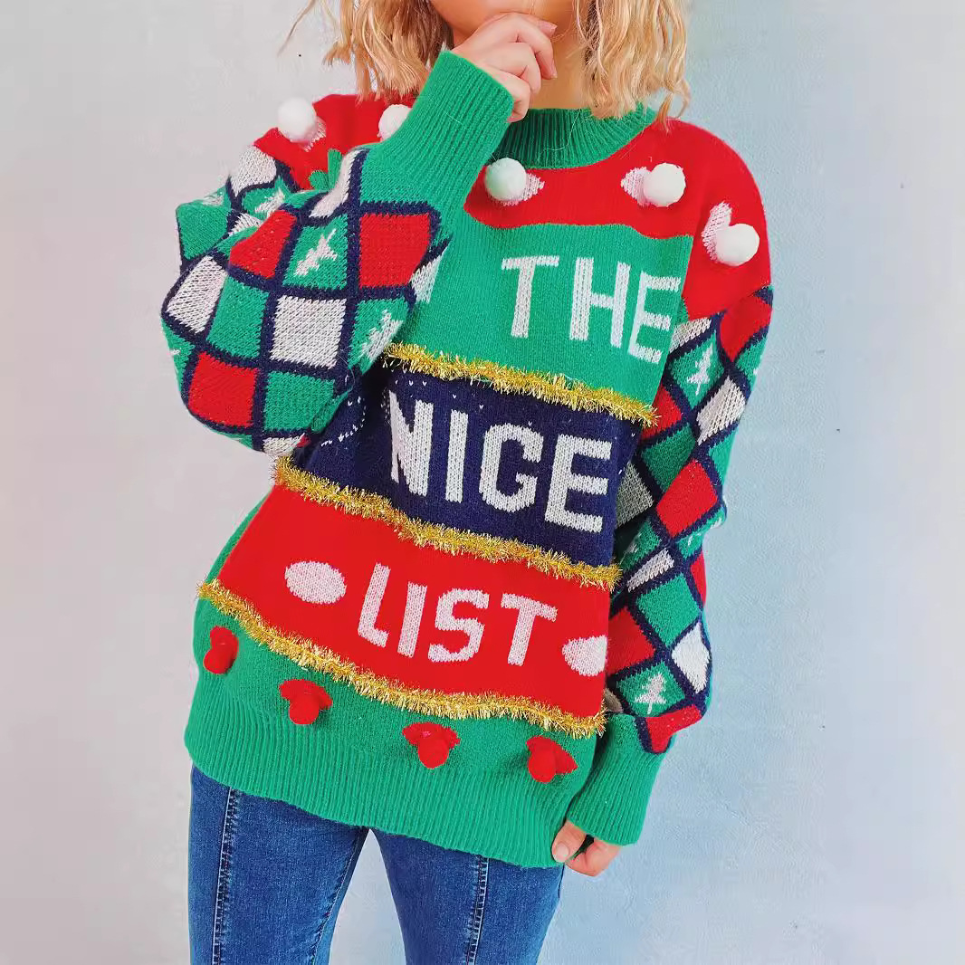 Damenbekleidung Buchstaben-Jacquard-Pullover mit goldener Linie, gestreift, lockerer Rundhalspullover, Weihnachtspullover_voghion.com