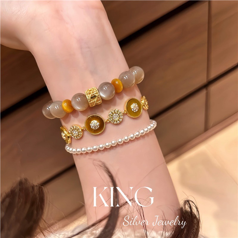 焦糖饼干| king银饰珠宝S925银镀金虎眼贝母复古时尚轻奢纯银手链|undefined