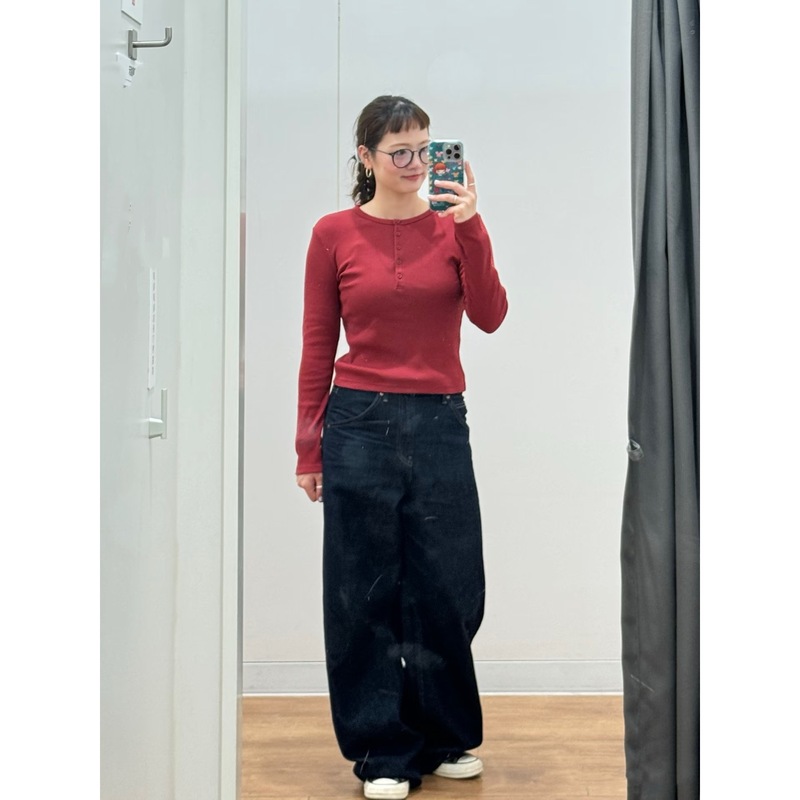 2025秋冬新款女士罗纹亨利领T恤长袖单排扣修身显瘦打底衫479591|undefined