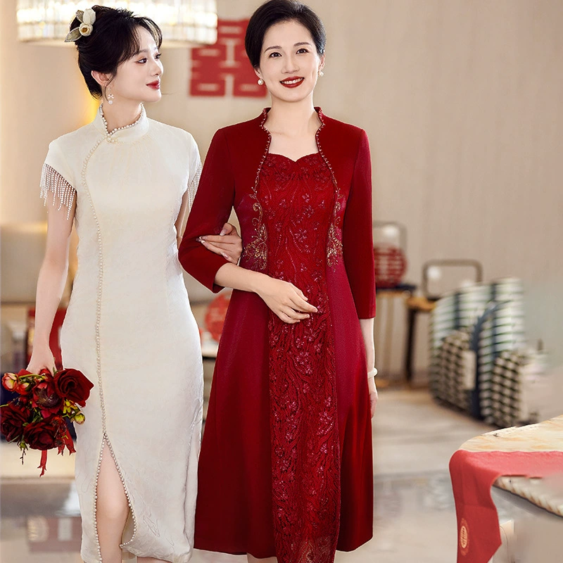 Свадебное банкетное платье для тещи, новое элитное элегантное кружевное платье средней длины в китайском стиле больших размеров, оптовая продажа, дропшиппинг.