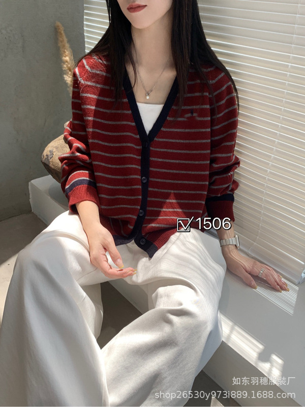 复古气质V领条纹毛衣开衫女25秋冬韩版慵懒风宽松软糯针织外套C73|undefined