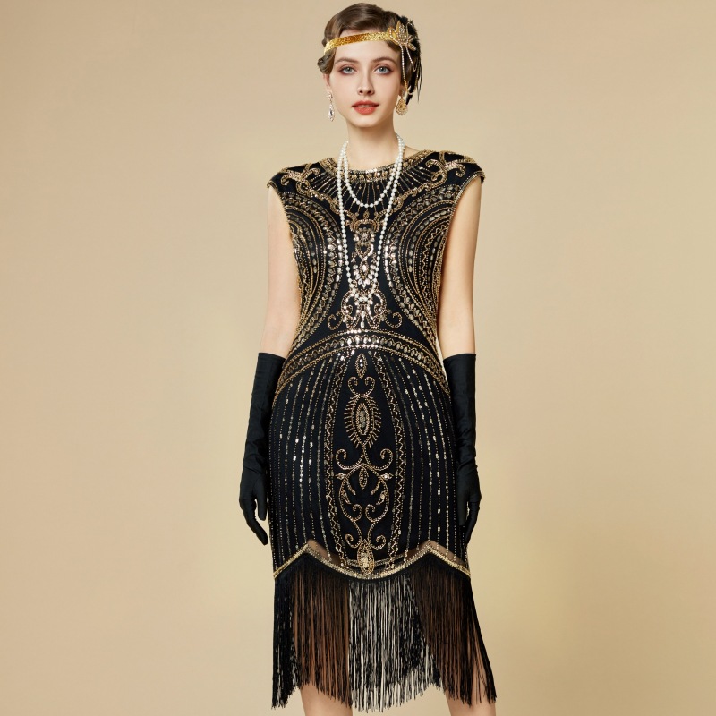 Tassel Dress 1920S European and American Retro Gatsby Ball Gown Plus Size Round Neck Sequin Dress Amazon Cross-Border