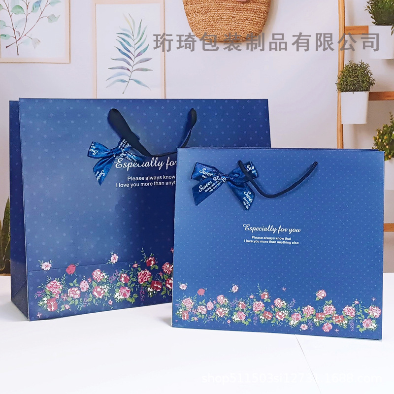 厂家直销现货高级超大号礼物袋加厚蓝色小碎花礼品袋手提ins纸袋