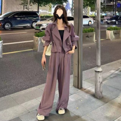 秋のファッションカジュアル韓国風ルーズスリムジャケットワイドレッグパンツ3点セット2025新作ファットカバーセット