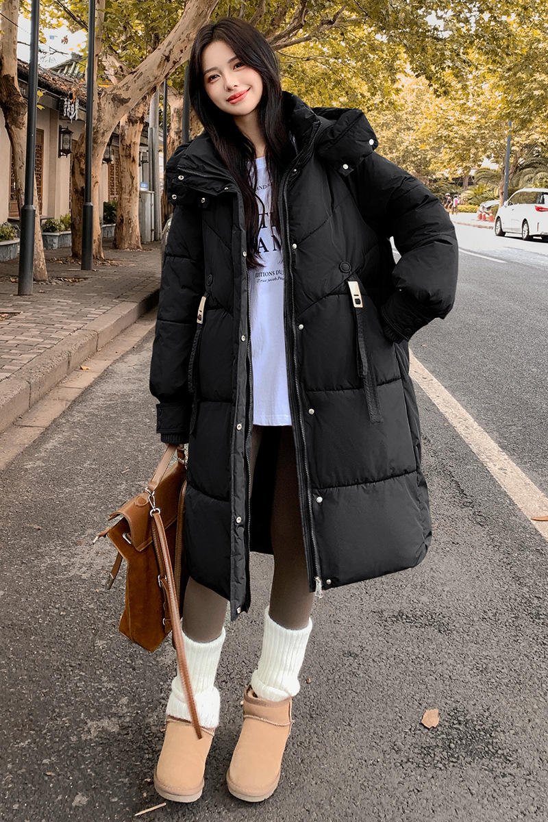 2025 nueva mujer de invierno largo y medio engrosado chaqueta de algodón de pluma caliente con capuchón grueso chaqueta de algodón de color sólido