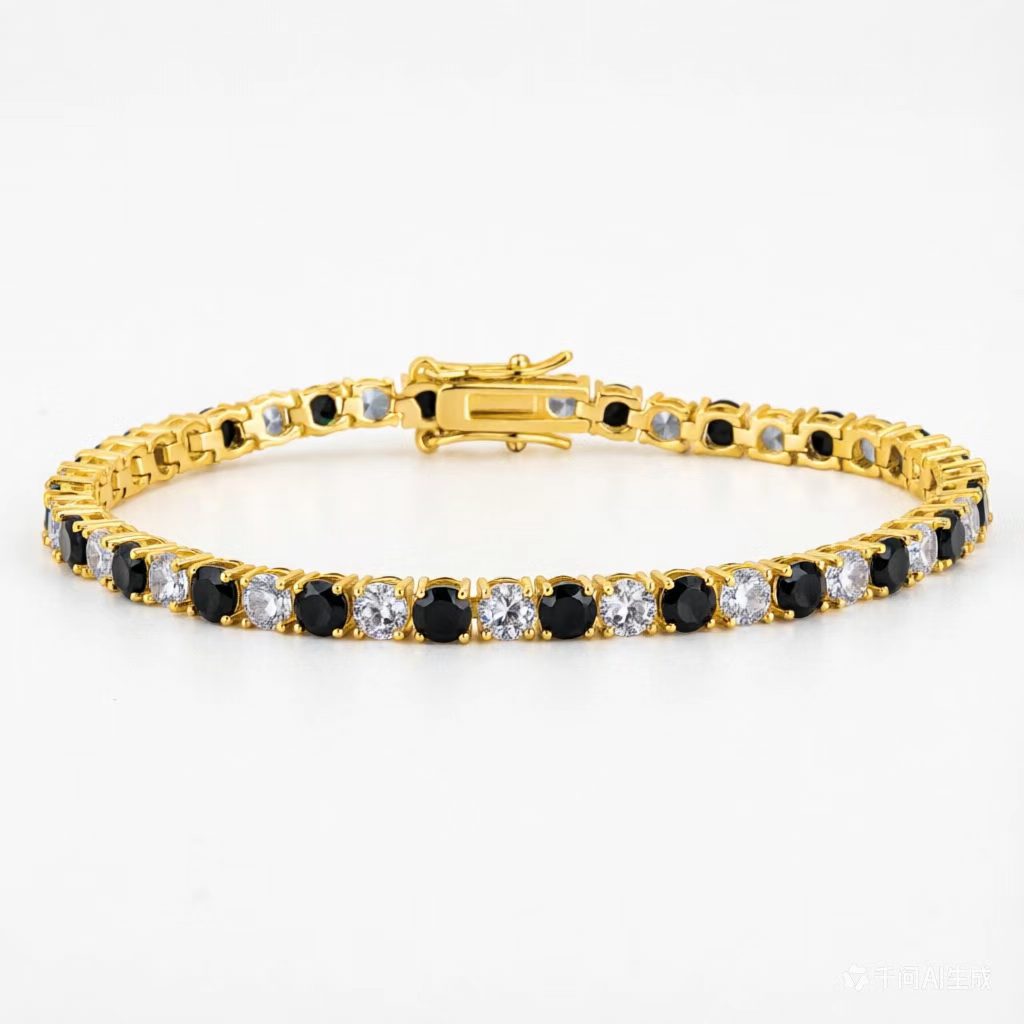 Black and white diamond gold 4mm / 6inch bracelet (about 16cm long)