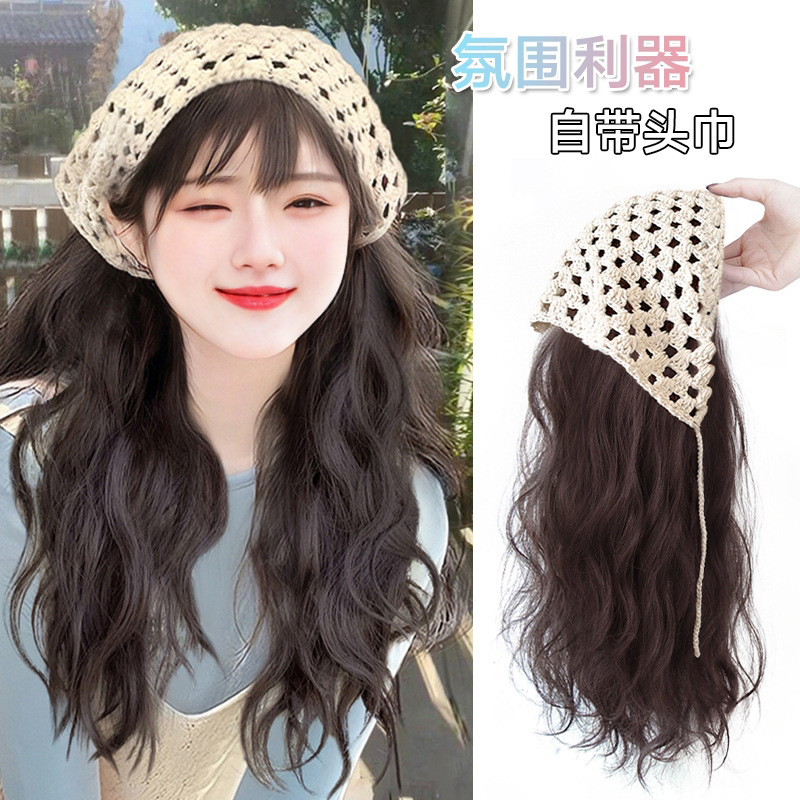 Douyin Popular Resort Style Triangle Headscarf with Hair All-In-One Wig for Women with Long Curly Hair Half Headgear Manufacturer Ready Stock