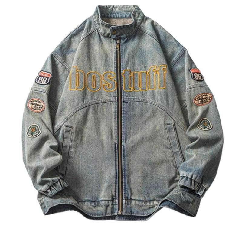 Motorcycle Style Denim Jacket For Men, Washed And Worn With Trendy Brand Embroidery, Loose And Retro High Street Jacket Top_voghion.com