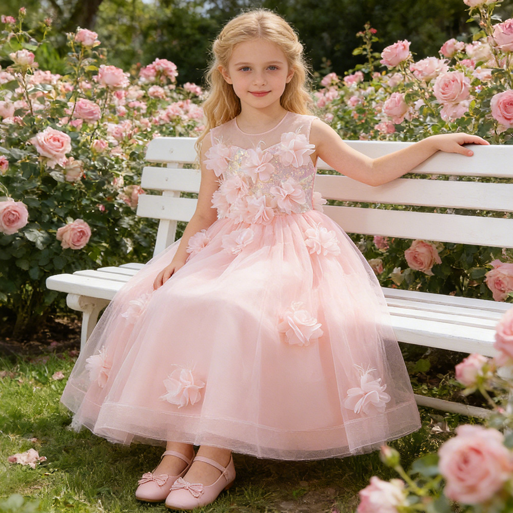 Vestido infantil vestido floral tridimensional vestido de princesa vestido de fiesta de cumpleaños vestido de niña floral vestido de niña