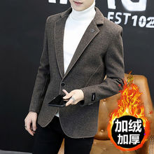 秋冬季加绒加厚休闲毛呢西装男韩版修身潮流发型师呢子小西服外套